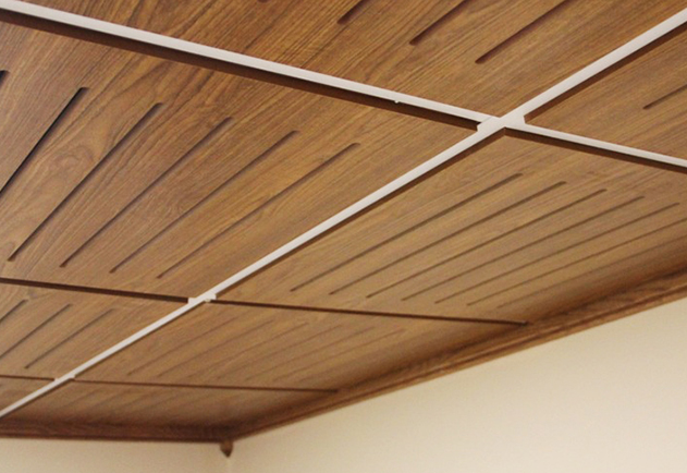 Laminate wood ceiling panels.