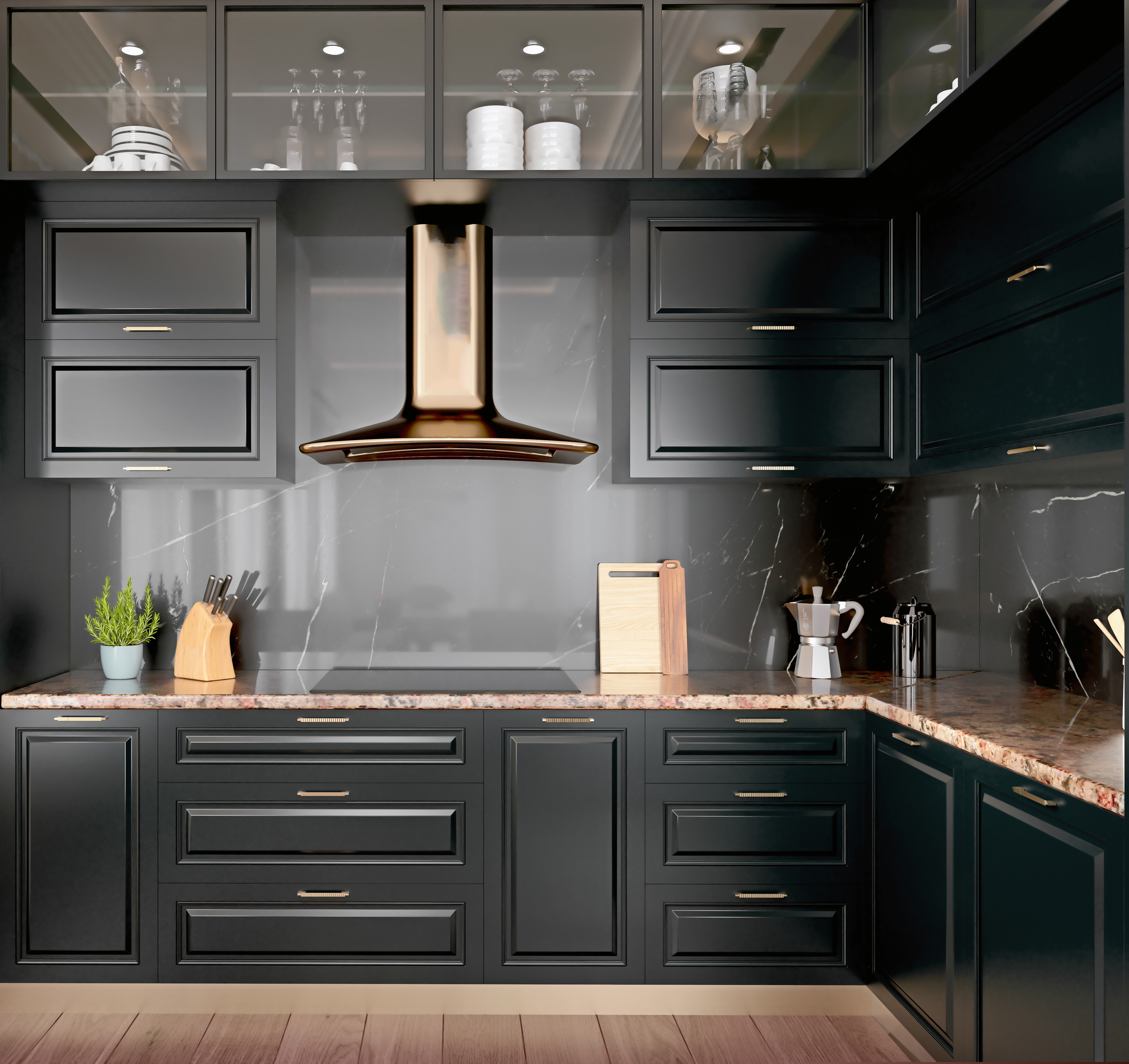 Modern interior design kitchen with black marble, black cabinets, dark gold trim and granite countertop, 3d render, 3d illustration